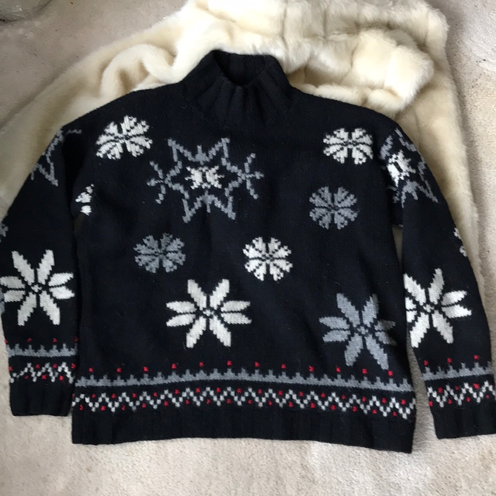 The Limited Black and Gray Snowflake Mock Turtleneck Sweater. Hand knitted